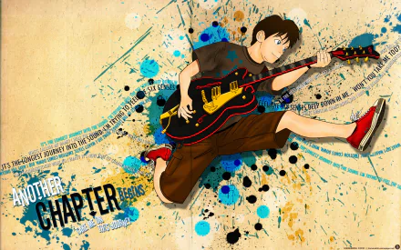 A vibrant HD anime wallpaper featuring a character energetically playing the guitar, surrounded by colorful splashes and energetic text, titled Another Chapter Begins.