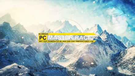 HD gaming PC desktop wallpaper: snowy mountain landscape with a yellow PC MASTER RACE banner and tagline, and a faint translucent face in the sky, video game-themed background.