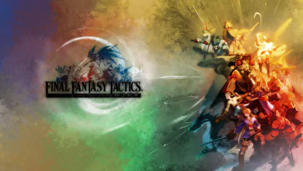 HD PC desktop wallpaper for the Final Fantasy video game Final Fantasy Tactics: logo on the left, a colorful assemblage of characters and battlefield art on the right.