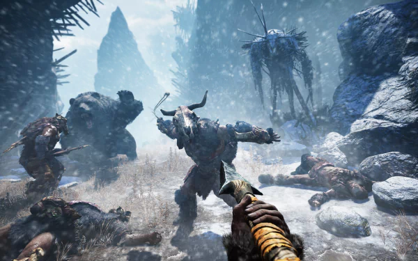HD PC desktop wallpaper of the video game Far Cry Primal: first-person view of a spear-wielding hunter confronting a horned tribal enemy in a snowy prehistoric battle.