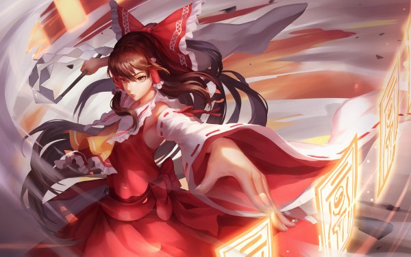 Anime Touhou bow Reimu Hakurei Magic Brown Hair Red Dress HD Wallpaper | Background Image