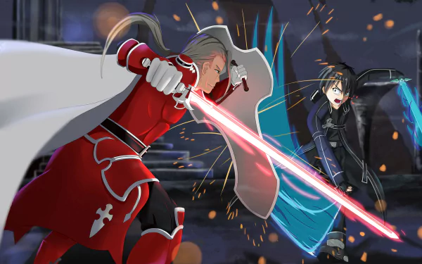 Kazuto Kirigaya, from the anime Sword Art Online, battles fiercely with a glowing sword against an opponent in this dynamic HD desktop wallpaper. Action and intensity collide beautifully.