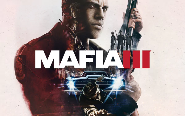 HD desktop wallpaper featuring artwork from Mafia III, showcasing a protagonist with a weapon, a sleek car, and dramatic visual elements that capture the game's gritty atmosphere.