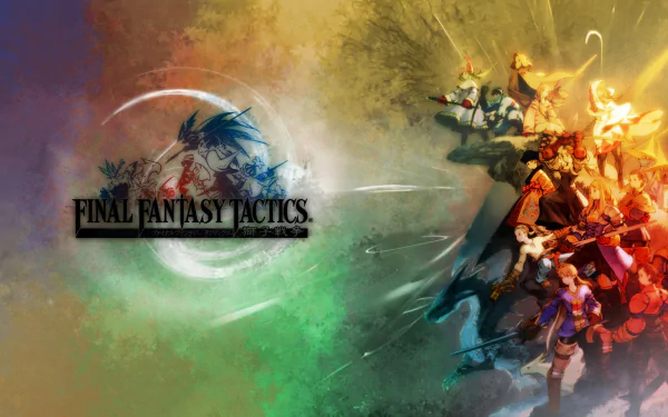 HD PC desktop wallpaper for the Final Fantasy video game Final Fantasy Tactics: logo on the left, a colorful assemblage of characters and battlefield art on the right.