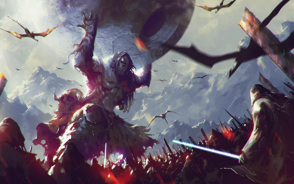 HD PC desktop wallpaper featuring a dramatic Star Wars scene with cloaked warriors, flying creatures, and an epic battle under a stormy sky.