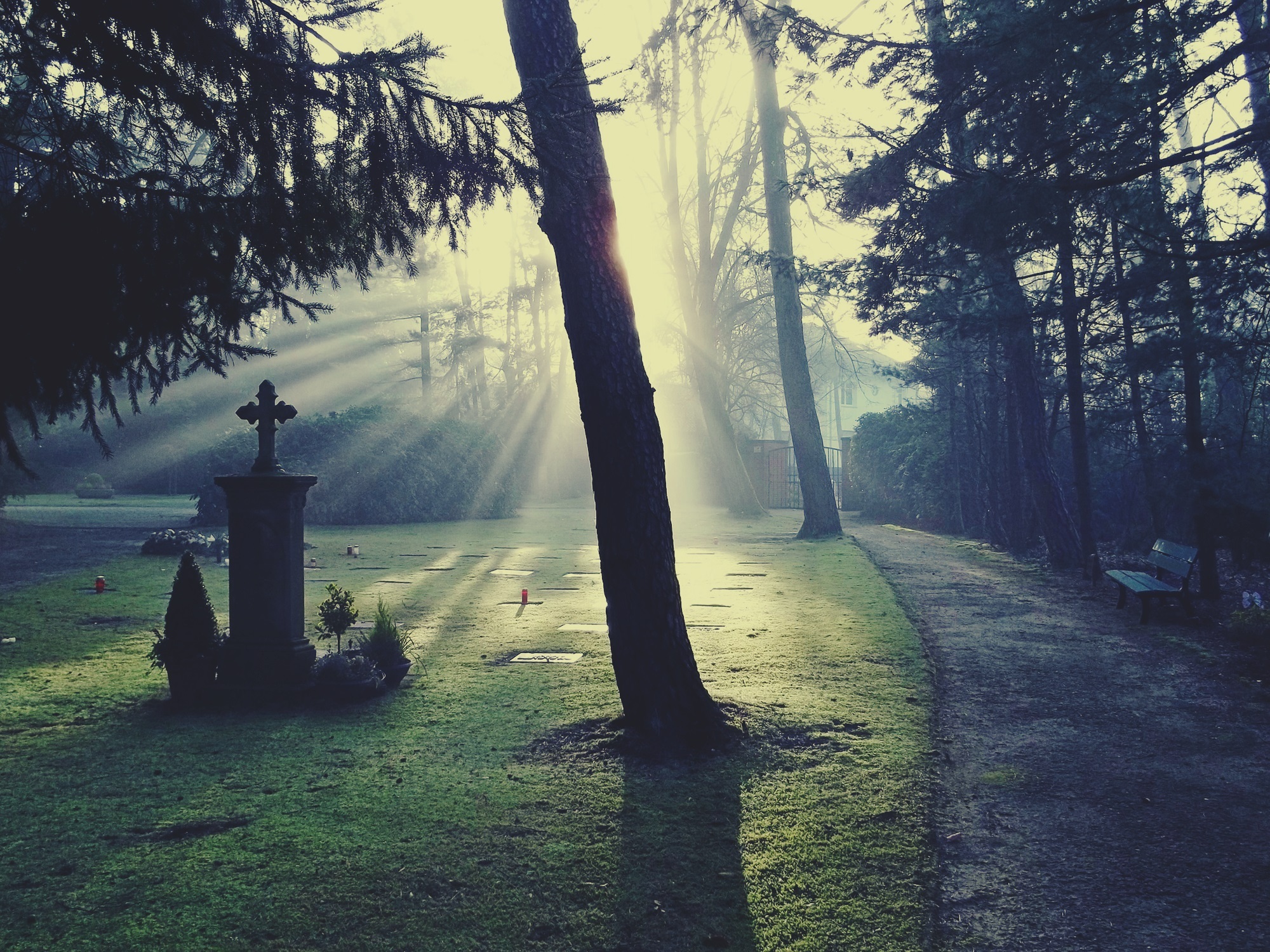 Heavens beams of light shining down on a dark creepy cemetery by Joggie