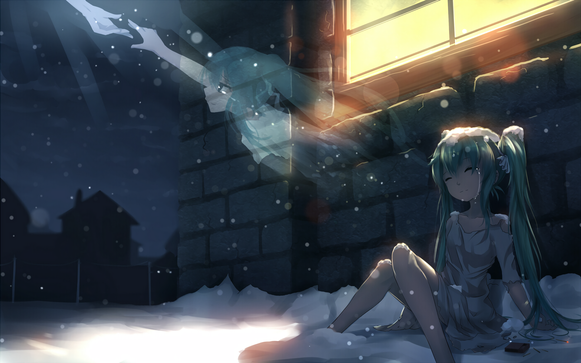 A serene HD wallpaper featuring Hatsune Miku, the iconic Vocaloid character, sitting in a snowy landscape, illuminated by the glow of a nearby window.