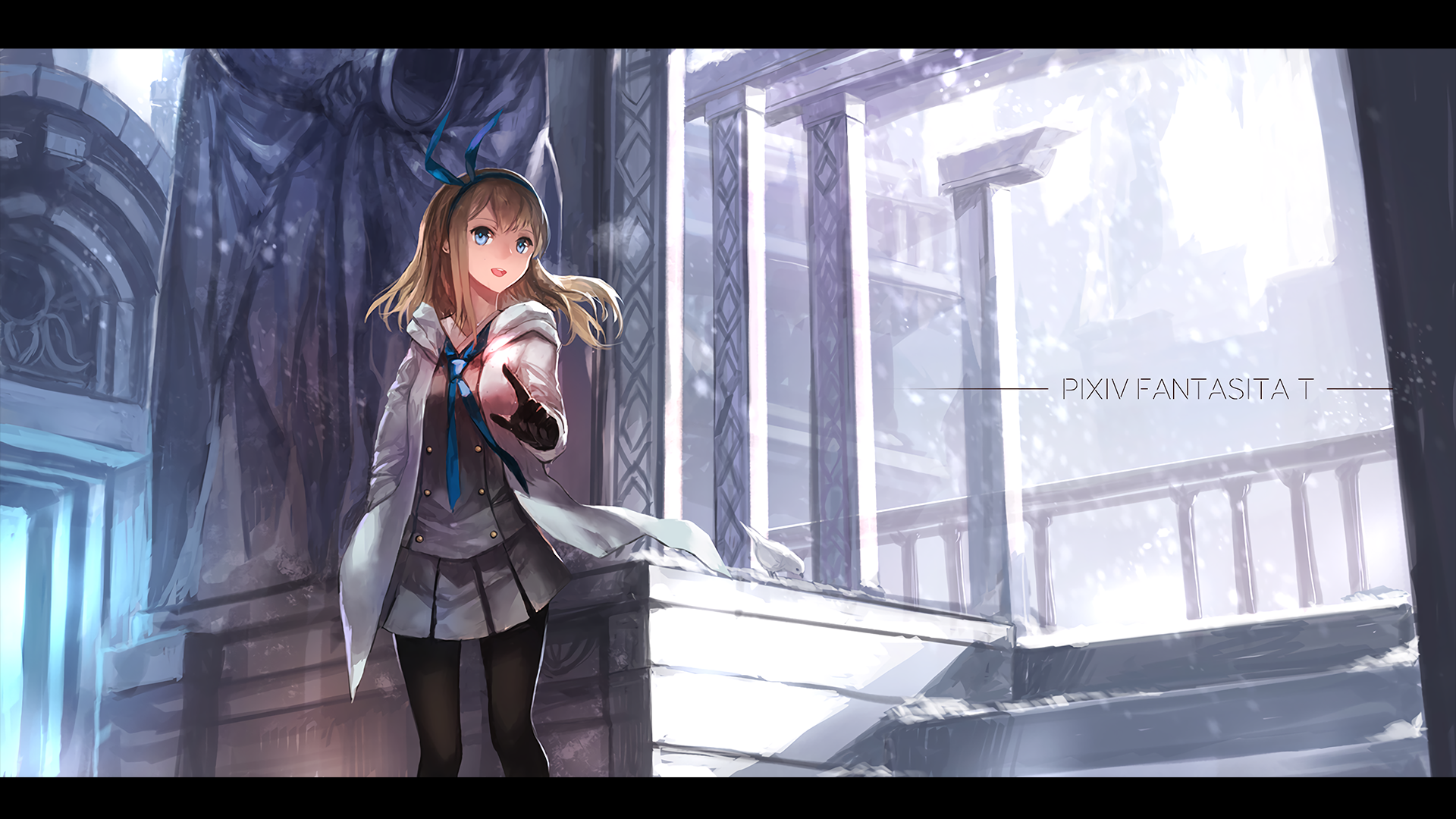 Anime-style HD PC desktop wallpaper featuring a girl with outstretched hand in a detailed, ethereal setting from Pixiv Fantasia T.