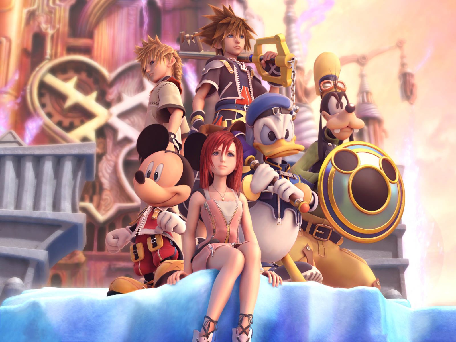 A vibrant HD wallpaper featuring characters from the video game Kingdom Hearts, including Sora, Riku, Kairi, Donald, Goofy, and Mickey, set against a fantastical backdrop.