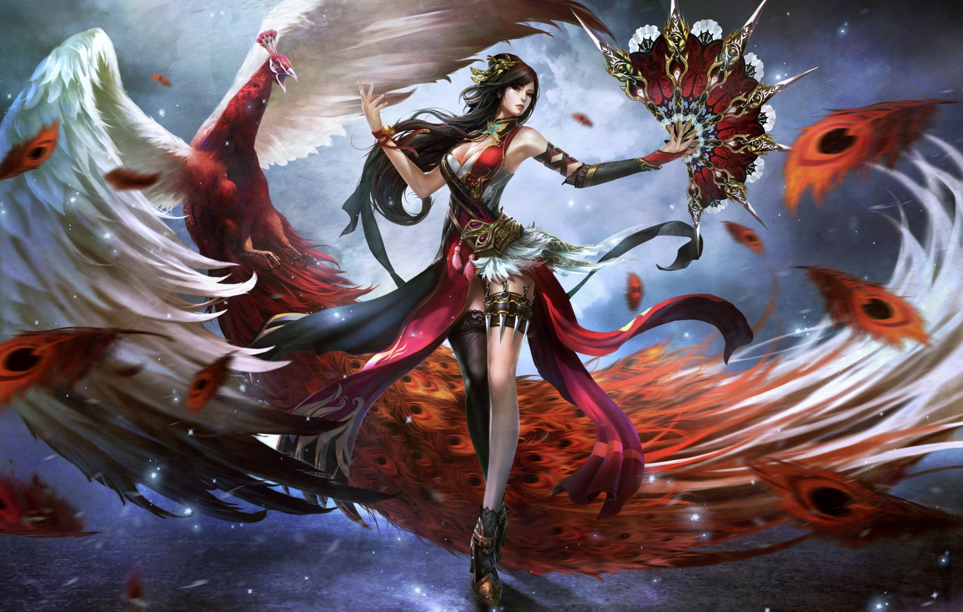 A striking woman warrior adorned with feathers and a peacock fan, set against a vibrant fantasy backdrop. This HD wallpaper captures a dynamic and enchanting scene.