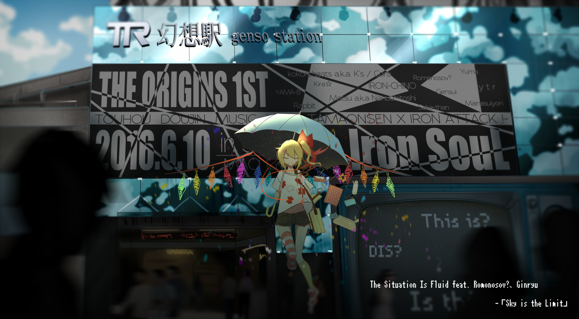 HD PC desktop wallpaper featuring Flandre Scarlet from the Touhou anime, set against a vibrant urban backdrop with colorful flags and stylized signage.