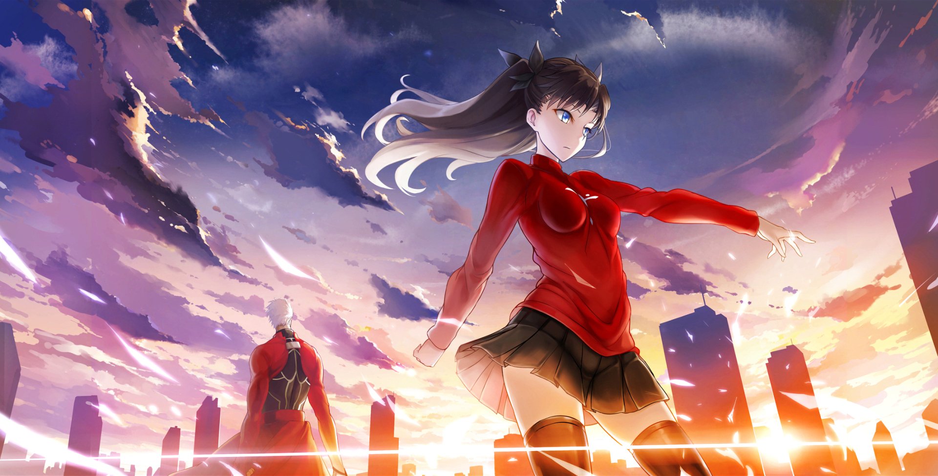 Anime HD wallpaper of Rin Tohsaka with black hair and blue eyes in a skirt and pantyhose at sunrise, alongside Archer from Fate/Stay Night, against a cityscape with clouds.