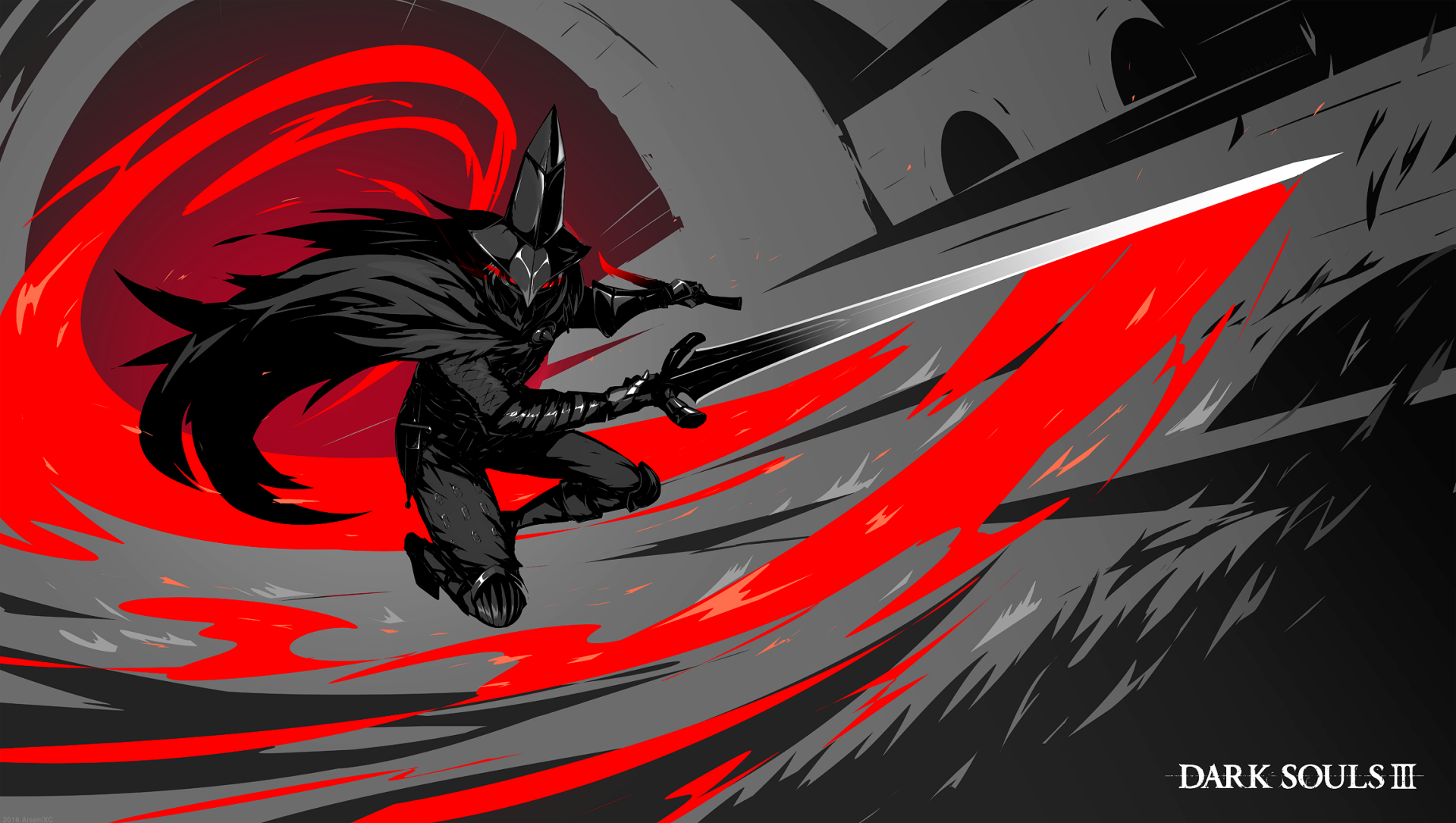 HD PC desktop wallpaper featuring the Abyss Watchers from the video game Dark Souls III, showcasing dynamic red and black action art.