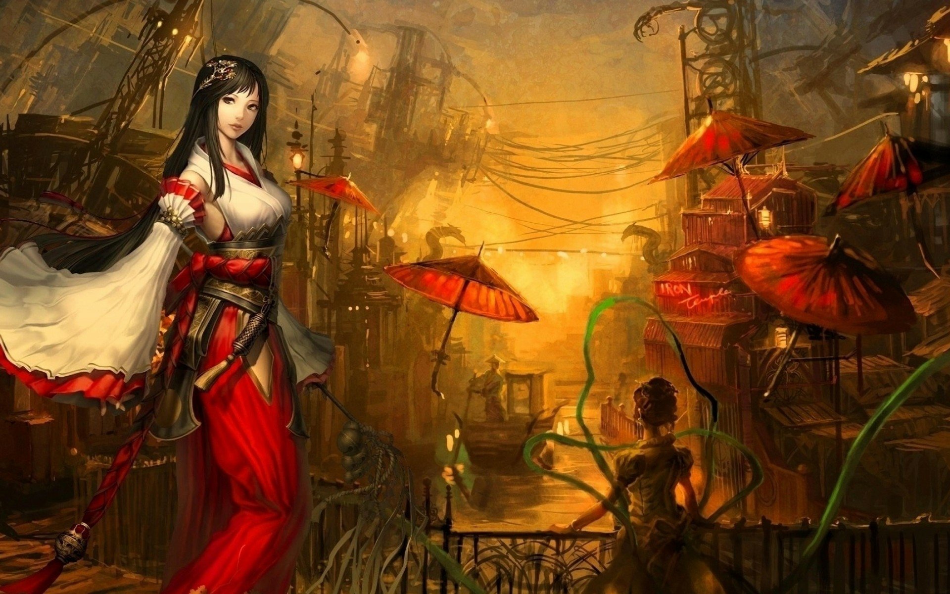A fantasy-themed HD wallpaper depicting a Chinese woman warrior in traditional attire holding an umbrella, inspired by Legend of the Five Rings, set in an atmospheric Asian town.