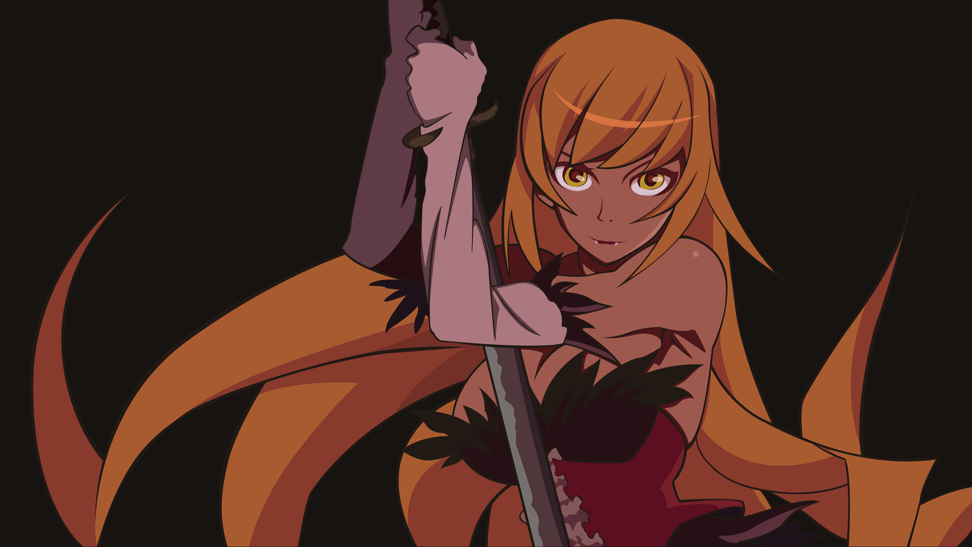 4K Ultra HD anime wallpaper featuring Shinobu Oshino, also known as Kiss-shot Acerola-orion Heart-under-blade, from the Monogatari series in a dynamic pose.