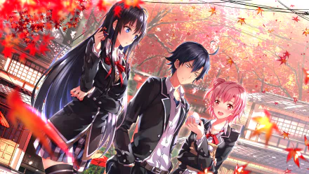 Anime HD wallpaper featuring Hachiman Hikigaya, Yui Yuigahama, and Yukino Yukinoshita from My Teen Romantic Comedy SNAFU against a beautiful autumn background.