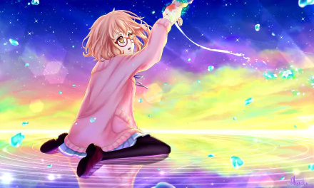 A vibrant HD wallpaper featuring Mirai Kuriyama from Beyond the Boundary, capturing her as she wields a sword amidst a colorful, ethereal landscape.