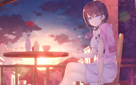 A serene HD wallpaper featuring Mary from Grimgar of Fantasy and Ash, sitting at a table with a sunset backdrop, evoking a calm and contemplative atmosphere.