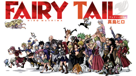 HD desktop wallpaper featuring the characters of the anime Fairy Tail, showcasing a vibrant and lively scene with various characters in dynamic poses against a white background.