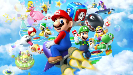 HD PC desktop wallpaper featuring Mario, Luigi, and other characters from the video game Mario Party: Island Tour soaring through a vibrant, colorful sky scene.