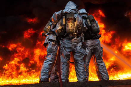 Three firefighters in protective gear use a hose to spray water onto intense flames, captured in an HD desktop wallpaper background.