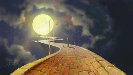 A surreal HD wallpaper featuring a winding brick walkway leading to a large, radiant moon, under a clouded sky, creating an artistic and dreamlike atmosphere.