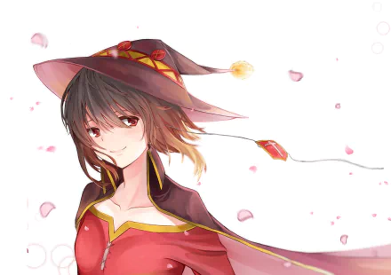 Megumin from KonoSuba smiles confidently with short brown hair and striking red eyes, wearing her iconic witch hat and cloak, surrounded by floating petals in this vibrant anime wallpaper.