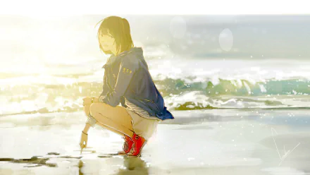 A serene anime girl crouches at the water's edge, sketching in the sand as sunlight glimmers on the ocean. This HD artwork serves as a beautiful desktop wallpaper background.
