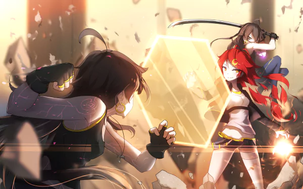 A dynamic HD desktop wallpaper featuring an intense battle scene from Pixiv Fantasia T, showcasing two animated characters amidst a vibrant, action-packed background.