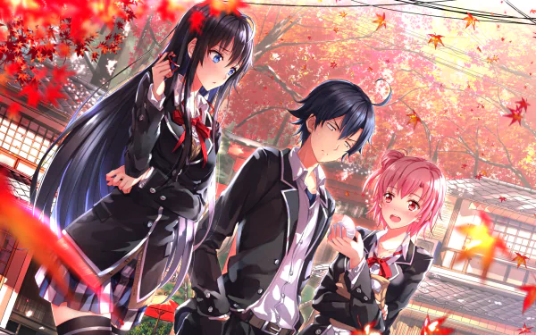 Anime HD wallpaper featuring Hachiman Hikigaya, Yui Yuigahama, and Yukino Yukinoshita from My Teen Romantic Comedy SNAFU against a beautiful autumn background.