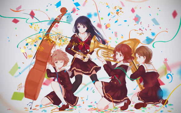 HD desktop wallpaper of Sound! Euphonium — Kumiko Oumae, Reina Kousaka, Hazuki Katou, Sapphire Kawashima in school uniforms and skirts, playing instruments amid confetti.