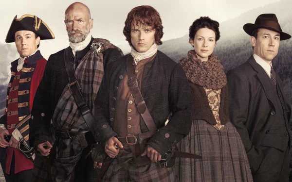 A striking HD wallpaper featuring Claire Fraser (Caitriona Balfe) and Jamie Fraser (Sam Heughan) alongside key characters from the TV show Outlander, set against a scenic backdrop.