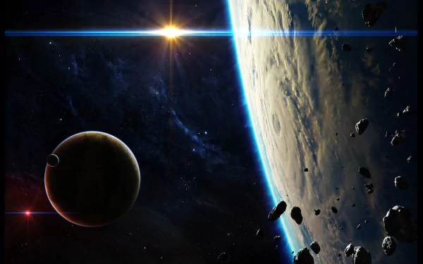A stunning 4K Ultra HD sci-fi image featuring a distant planet surrounded by asteroids, with a bright star shining in the background, creating a captivating cosmic scene.