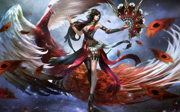 A striking woman warrior adorned with feathers and a peacock fan, set against a vibrant fantasy backdrop. This HD wallpaper captures a dynamic and enchanting scene.