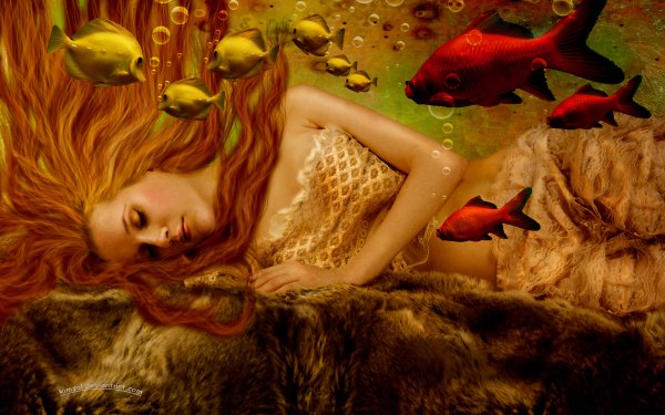 Fantasy Women Redhead Underwater Fish Sleeping Mermaid HD Wallpaper | Background Image