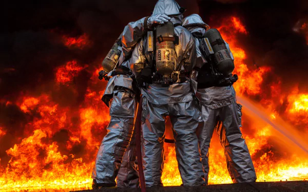 Three firefighters in protective gear use a hose to spray water onto intense flames, captured in an HD desktop wallpaper background.