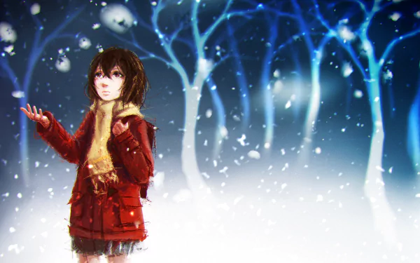 HD PC desktop wallpaper featuring an anime character from Erased, standing in a snowy forest with glowing blue trees and falling snowflakes.