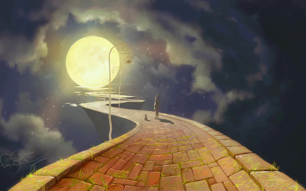 A surreal HD wallpaper featuring a winding brick walkway leading to a large, radiant moon, under a clouded sky, creating an artistic and dreamlike atmosphere.