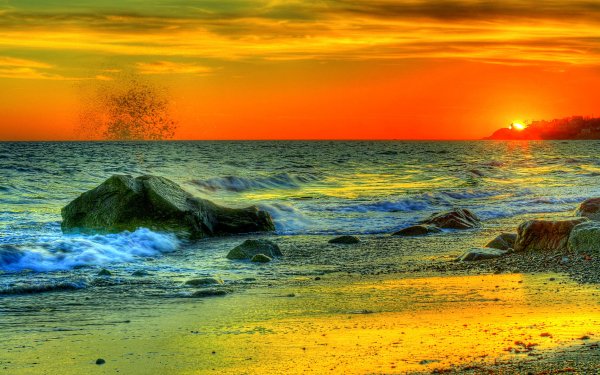 Earth Sunset Ocean Sky orange Yellow Horizon HDR HD Wallpaper | Background Image