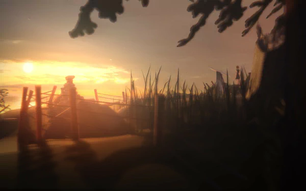 A serene landscape wallpaper featuring Max Caulfield from the video game Life Is Strange, showcasing a sunset behind a rustic scene with silhouetted vegetation.