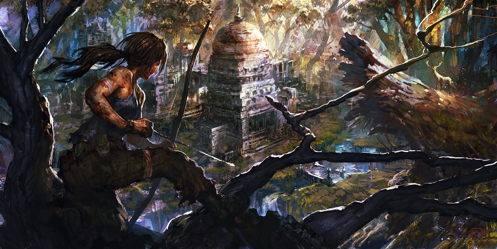 Lara Croft (Tomb Raider 2013) — a woman warrior with a bow perched on jungle branches, overlooking an ancient temple. HD PC desktop wallpaper.