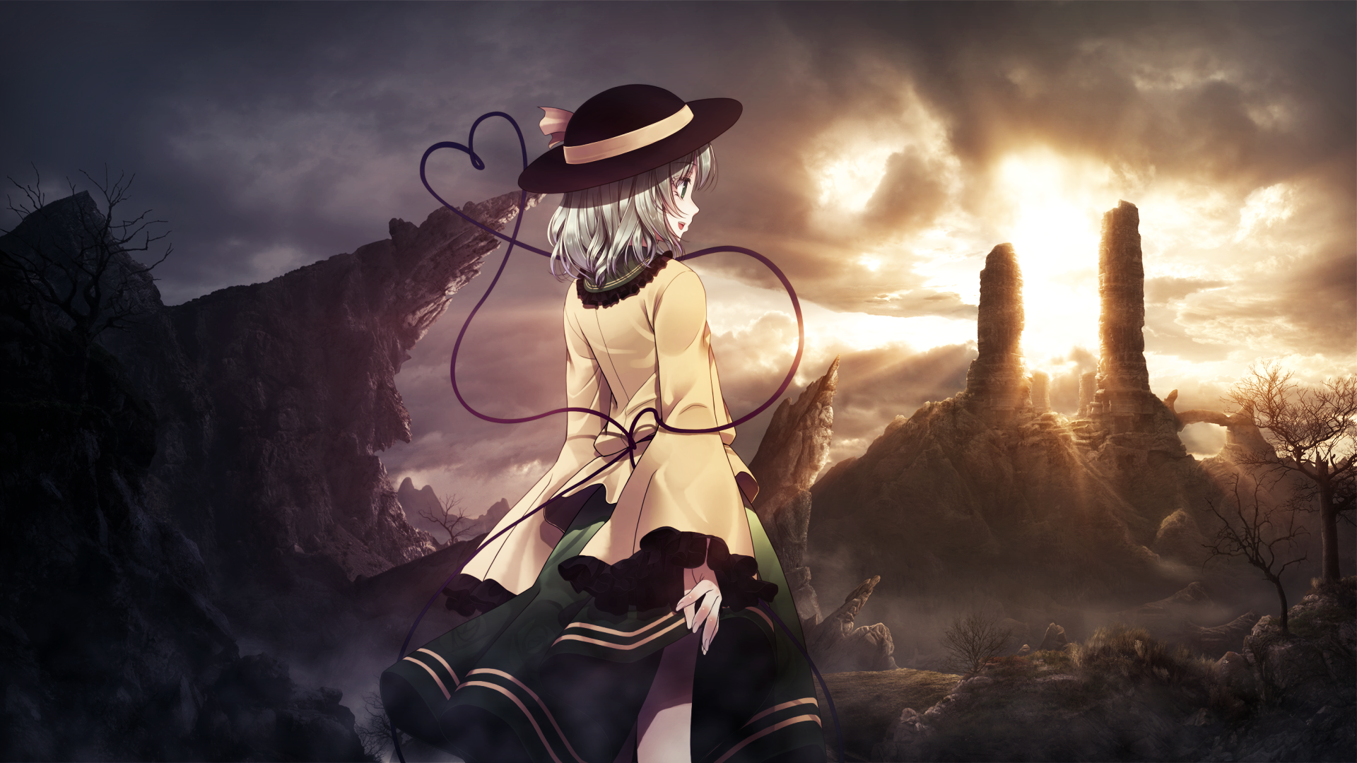 HD PC desktop wallpaper featuring Koishi Komeiji from Touhou, standing in a dramatic, moody landscape under a cloudy sky.