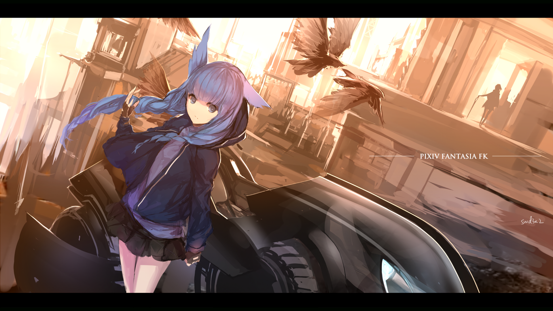 Anime-style HD desktop wallpaper from Pixiv Fantasia Fallen Kings, featuring a purple-haired character with animal ears standing near a futuristic vehicle in a sunlit urban setting.