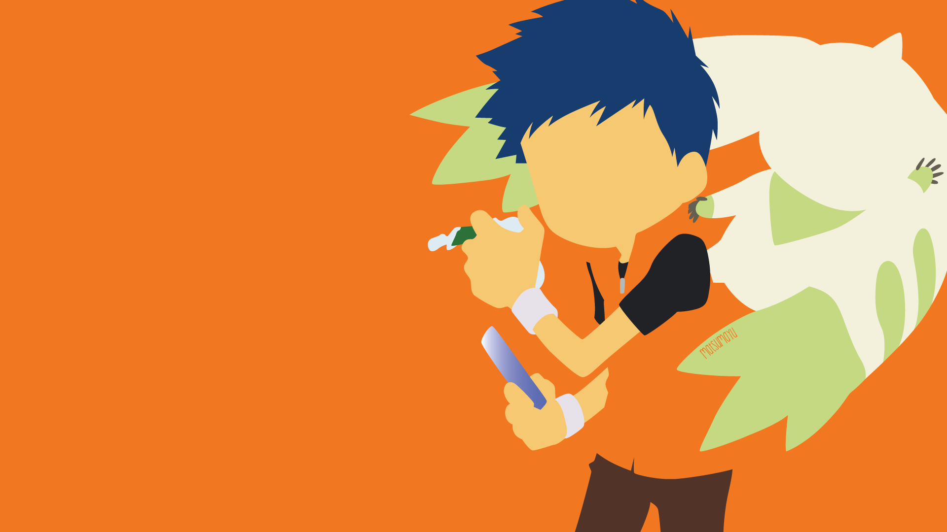 Minimalist anime-style Digimon character with blue hair and an orange background, designed as an HD PC desktop wallpaper and background.