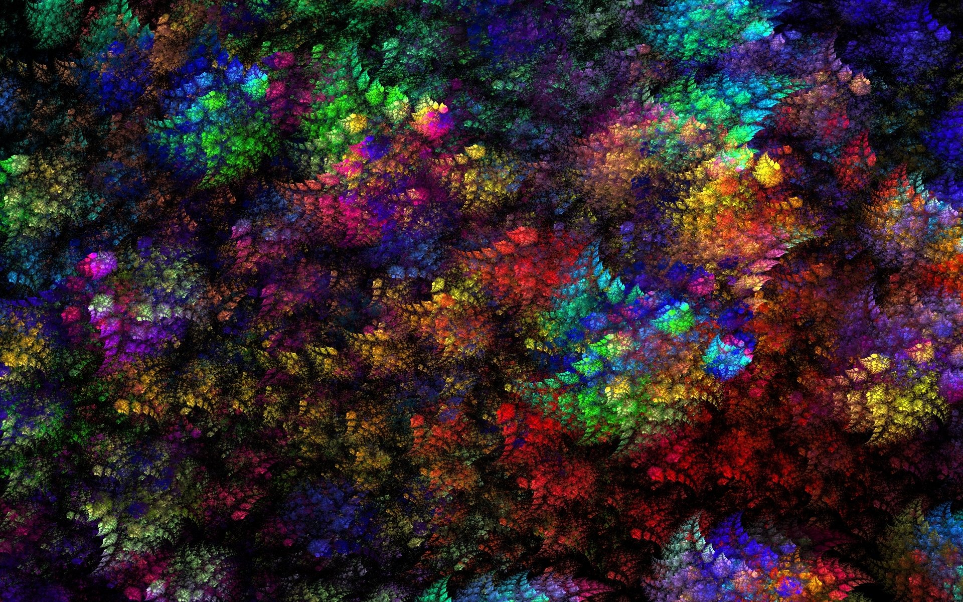 Colorful stained-glass abstract fractal pattern of jewel-toned swirls and leaf-like textures, vibrant HD PC desktop wallpaper and background.