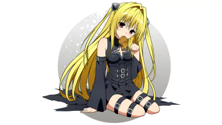 Anime character Golden Darkness from To Love-Ru: Darkness, featuring long blonde hair and striking red eyes, seated with a playful expression, creating a captivating HD wallpaper.
