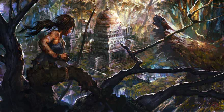 Lara Croft (Tomb Raider 2013) — a woman warrior with a bow perched on jungle branches, overlooking an ancient temple. HD PC desktop wallpaper.