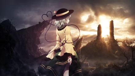 HD PC desktop wallpaper featuring Koishi Komeiji from Touhou, standing in a dramatic, moody landscape under a cloudy sky.