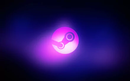 A minimalist HD desktop wallpaper featuring the Steam logo, set against a vibrant purple and black background, reflecting technology and gaming culture.