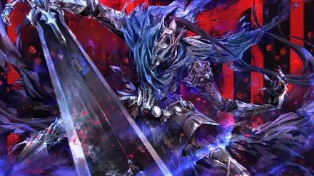 A striking HD wallpaper featuring Artorias from Dark Souls, showcasing his iconic armor and sword amid a dramatic red and blue background, capturing the essence of the video game.